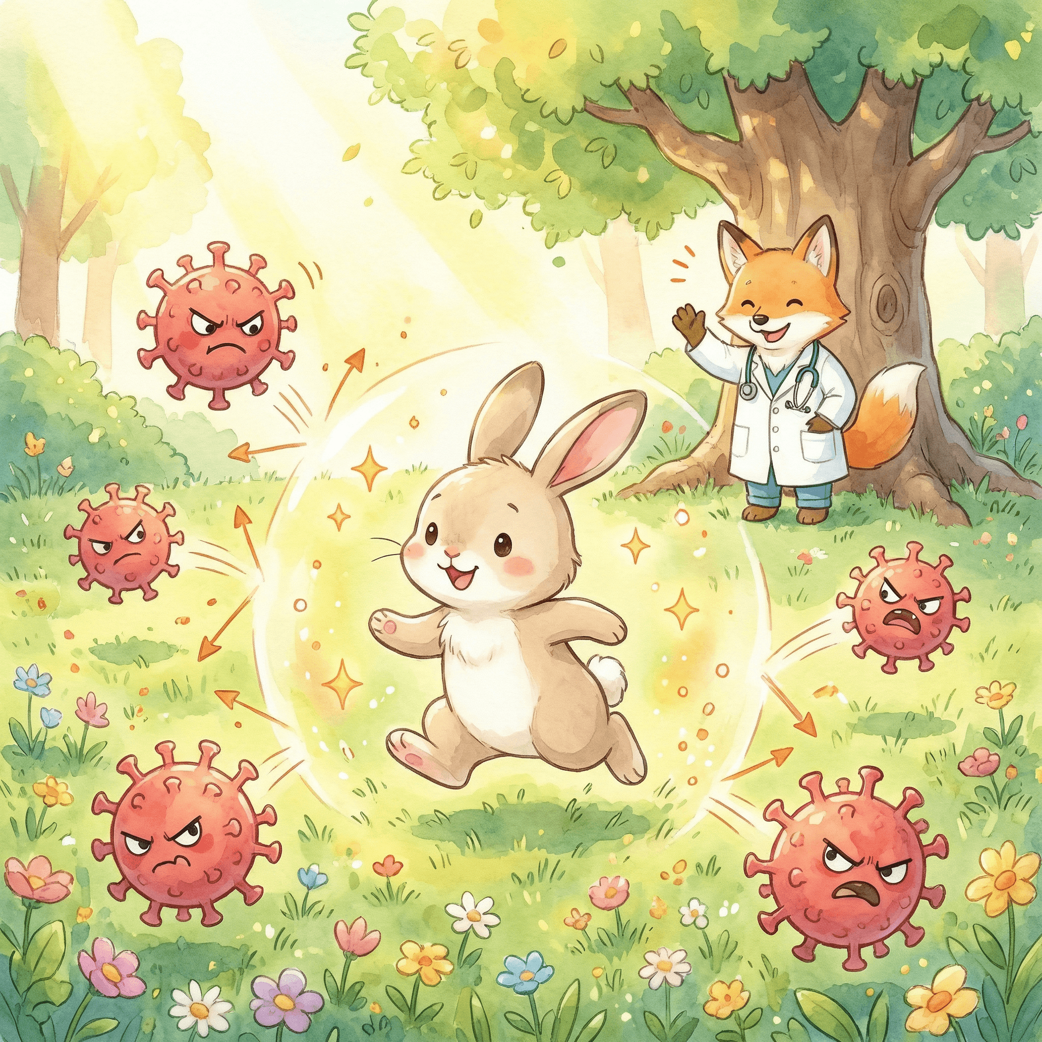シールドに守られたうさぎさんがウイルスをはじき返しているイラスト