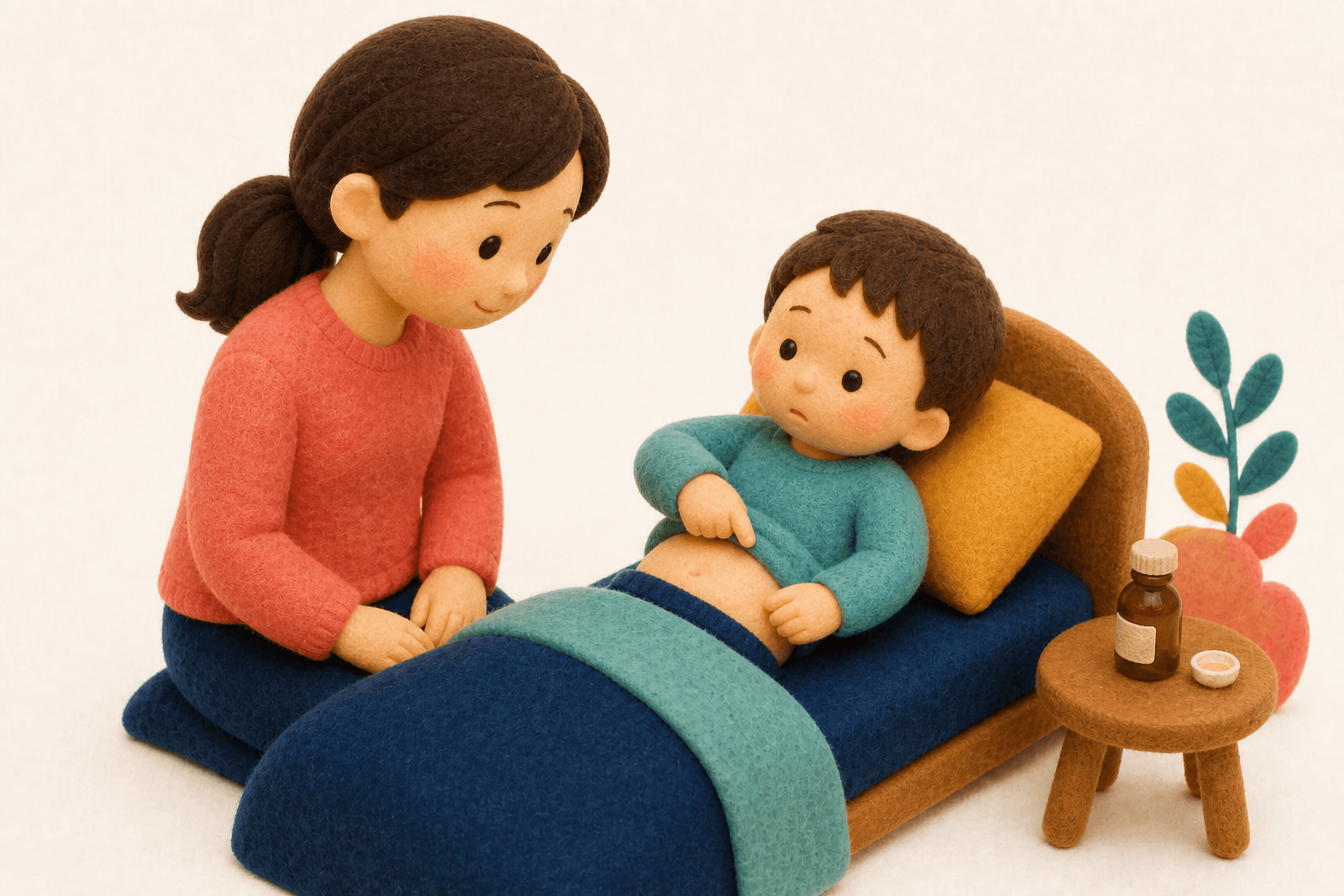 みぞおちから右下腹部へ痛みが移る様子を示すフェルト人形風イラスト
