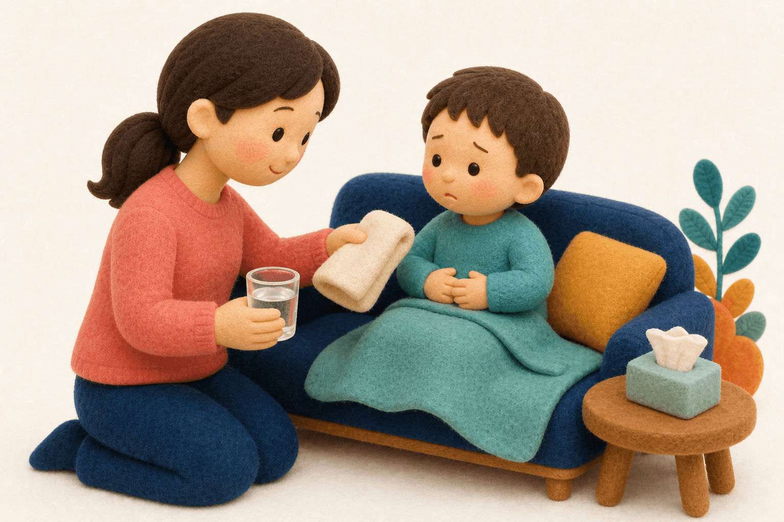 おなかを押さえて休む子どもに温かいタオルを当てる保護者のフェルト人形風イラスト