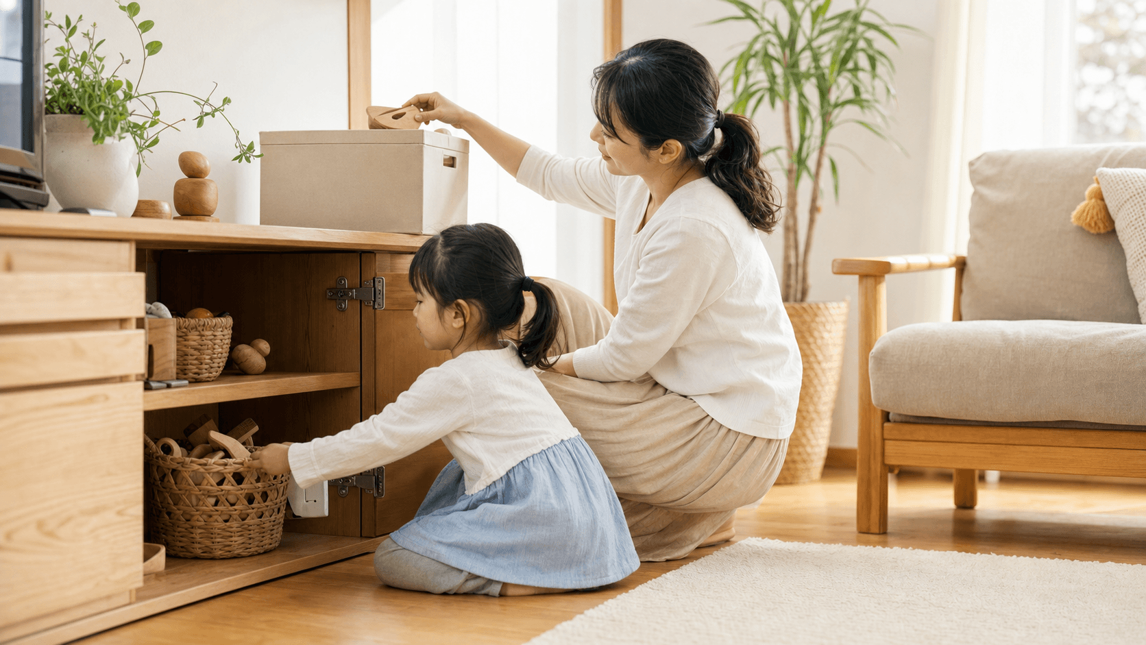 低い収納を親子で確認し小物を高い箱へ移している場面