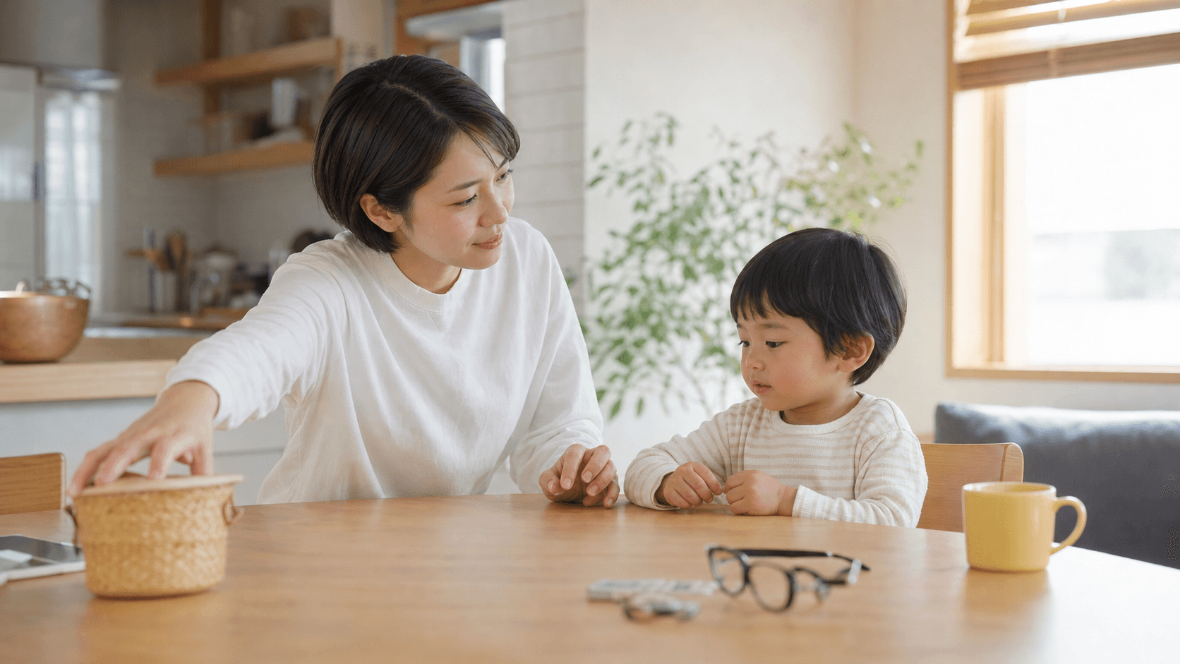 家庭のキッチンで保護者が子どものそばの小物を片付けている場面