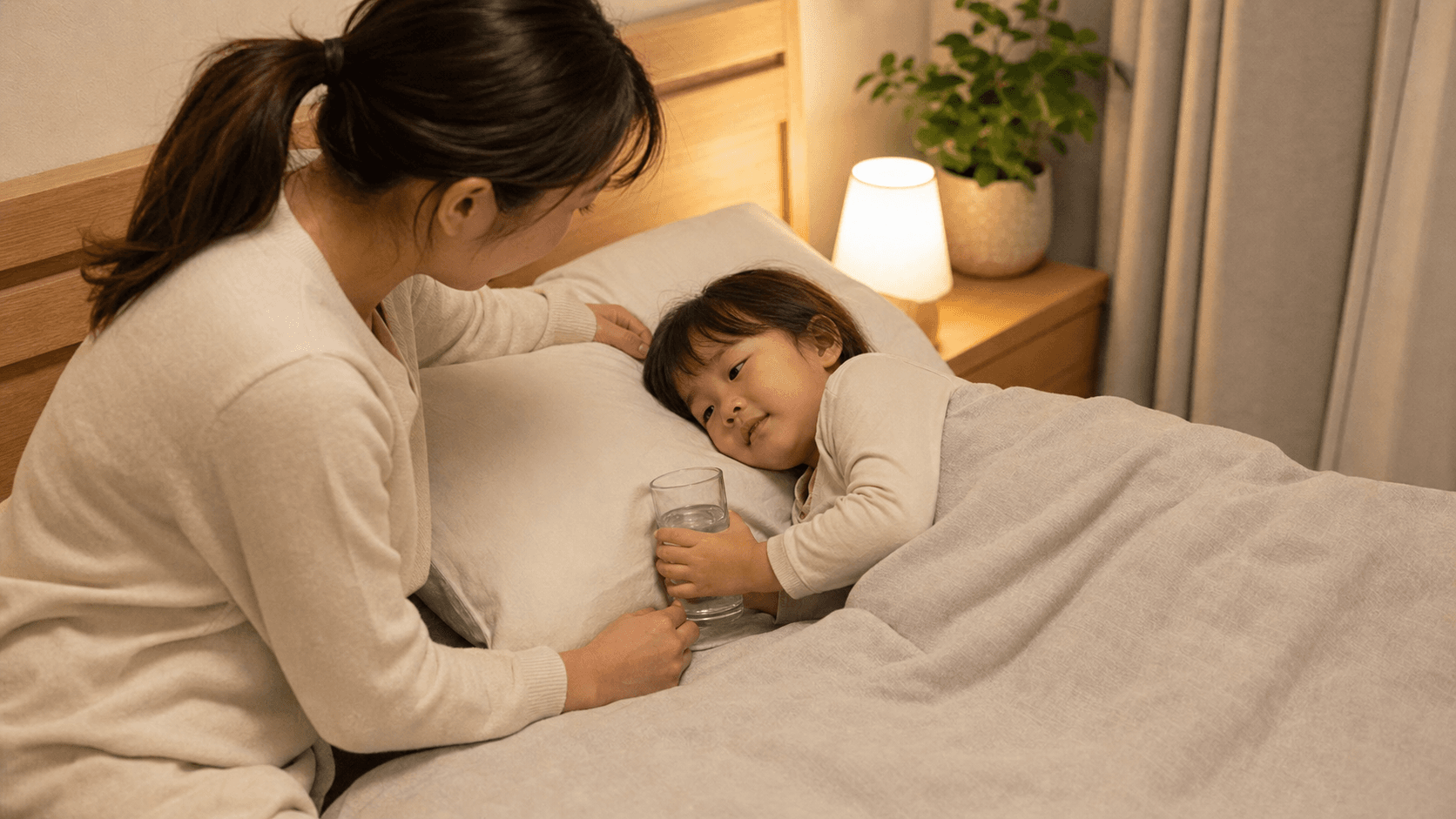 寝室で横になる子どもに保護者が寄り添い水を渡している場面
