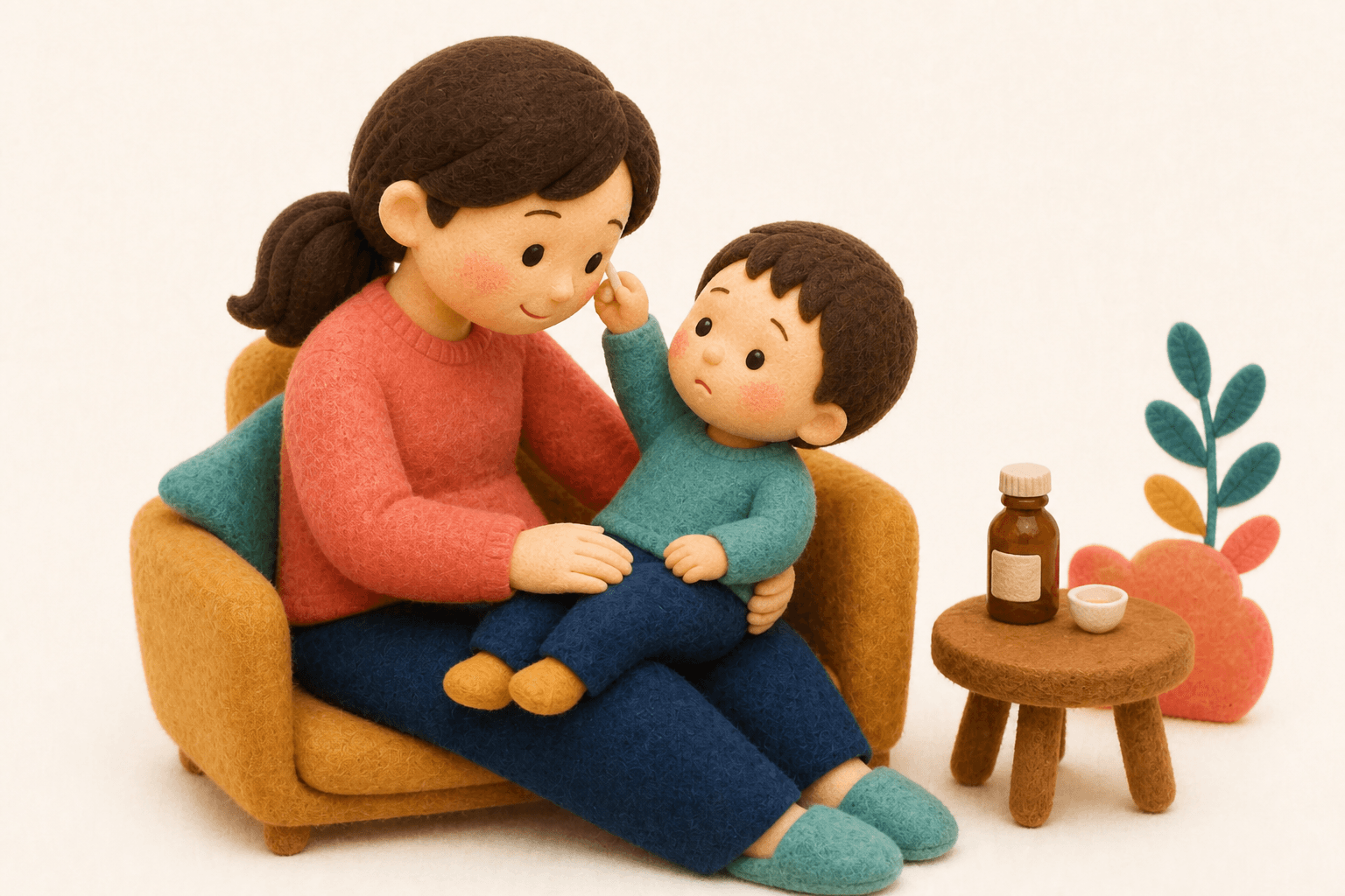 風邪のあと耳を触って痛がる子どものフェルト人形風イラスト