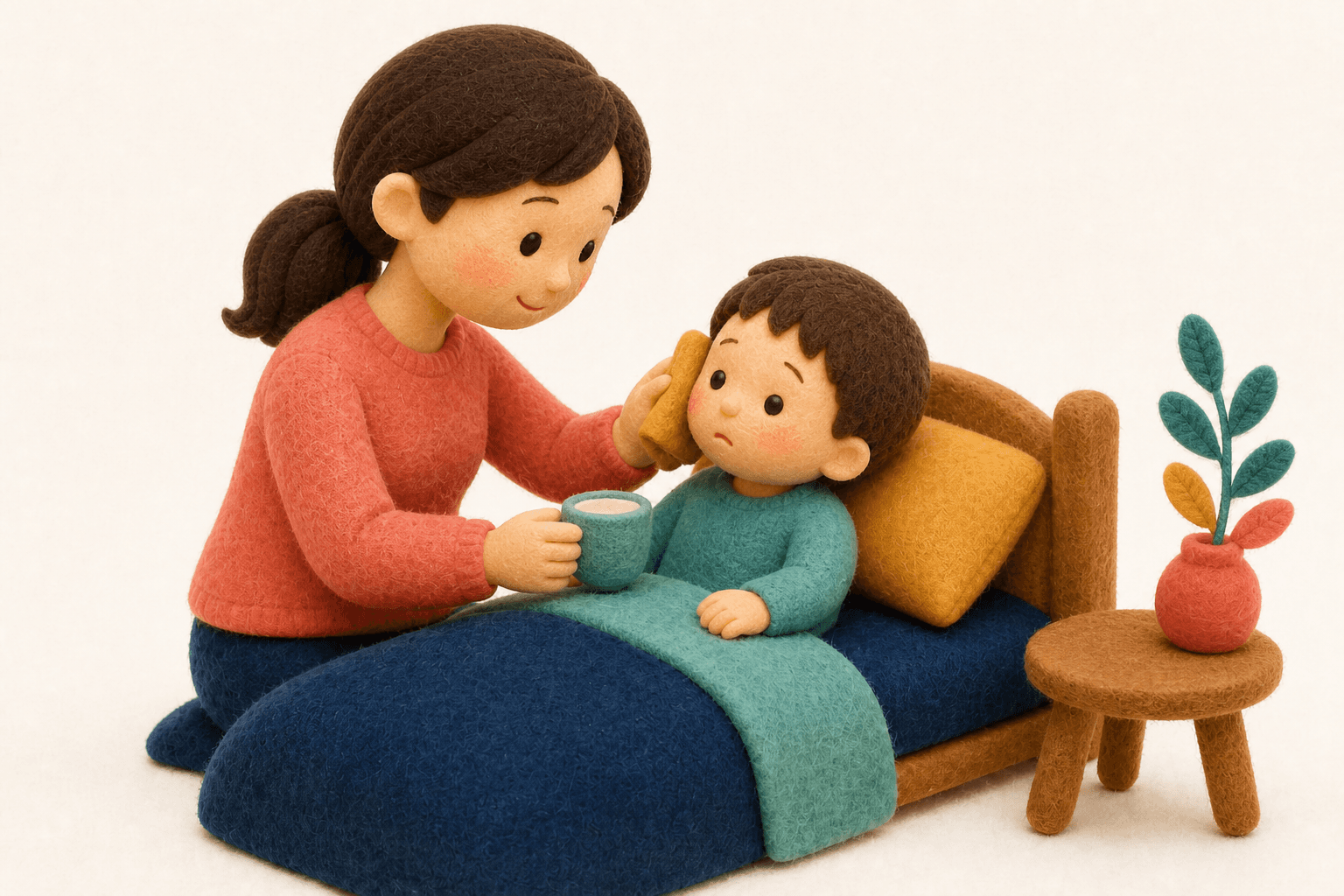 耳痛の子どもを慰め、水分と休息で看るフェルト人形風イラスト