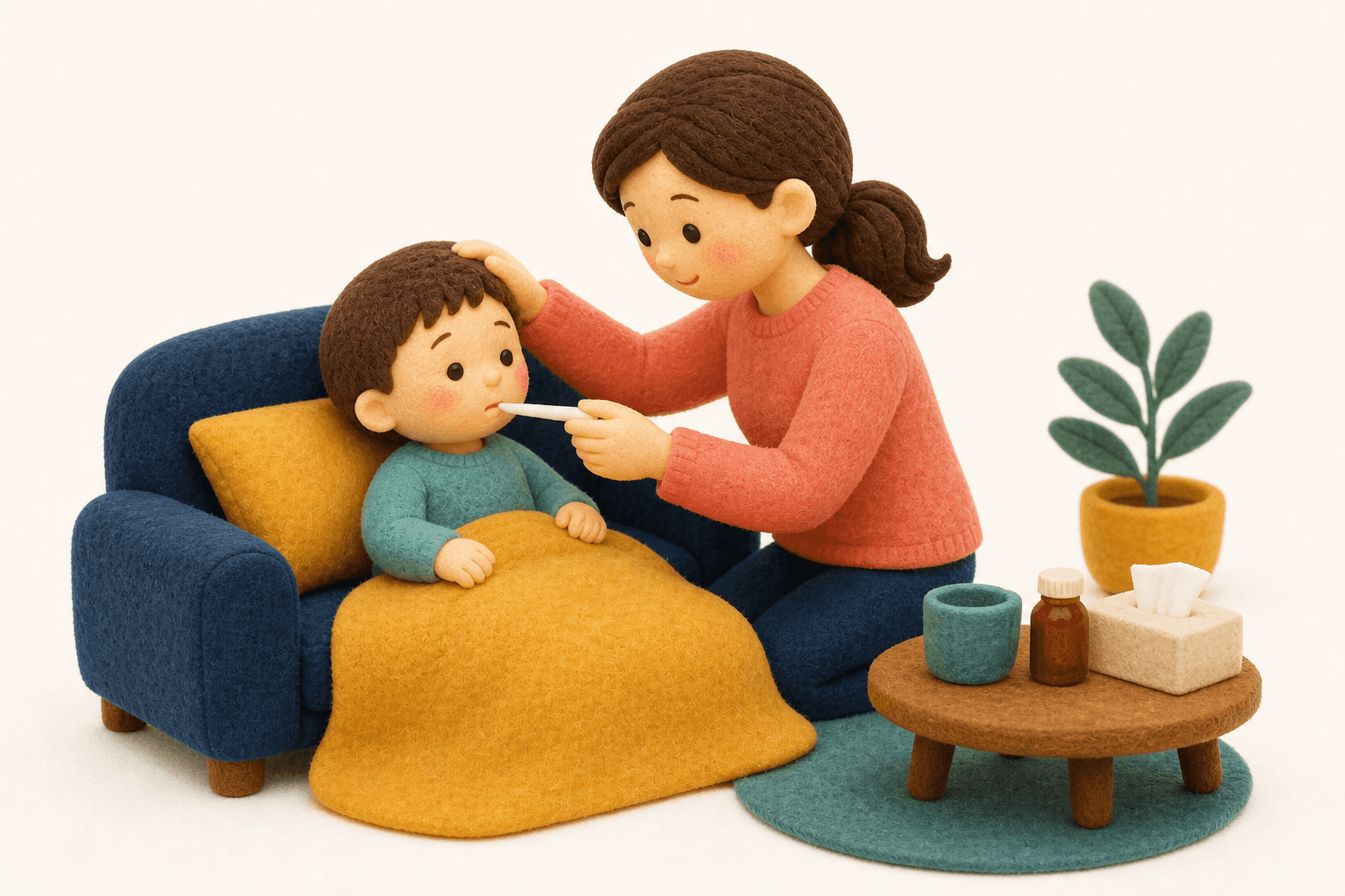 ADHDの3つのタイプについて教えてくださいの場面を示すフェルト人形風イラスト