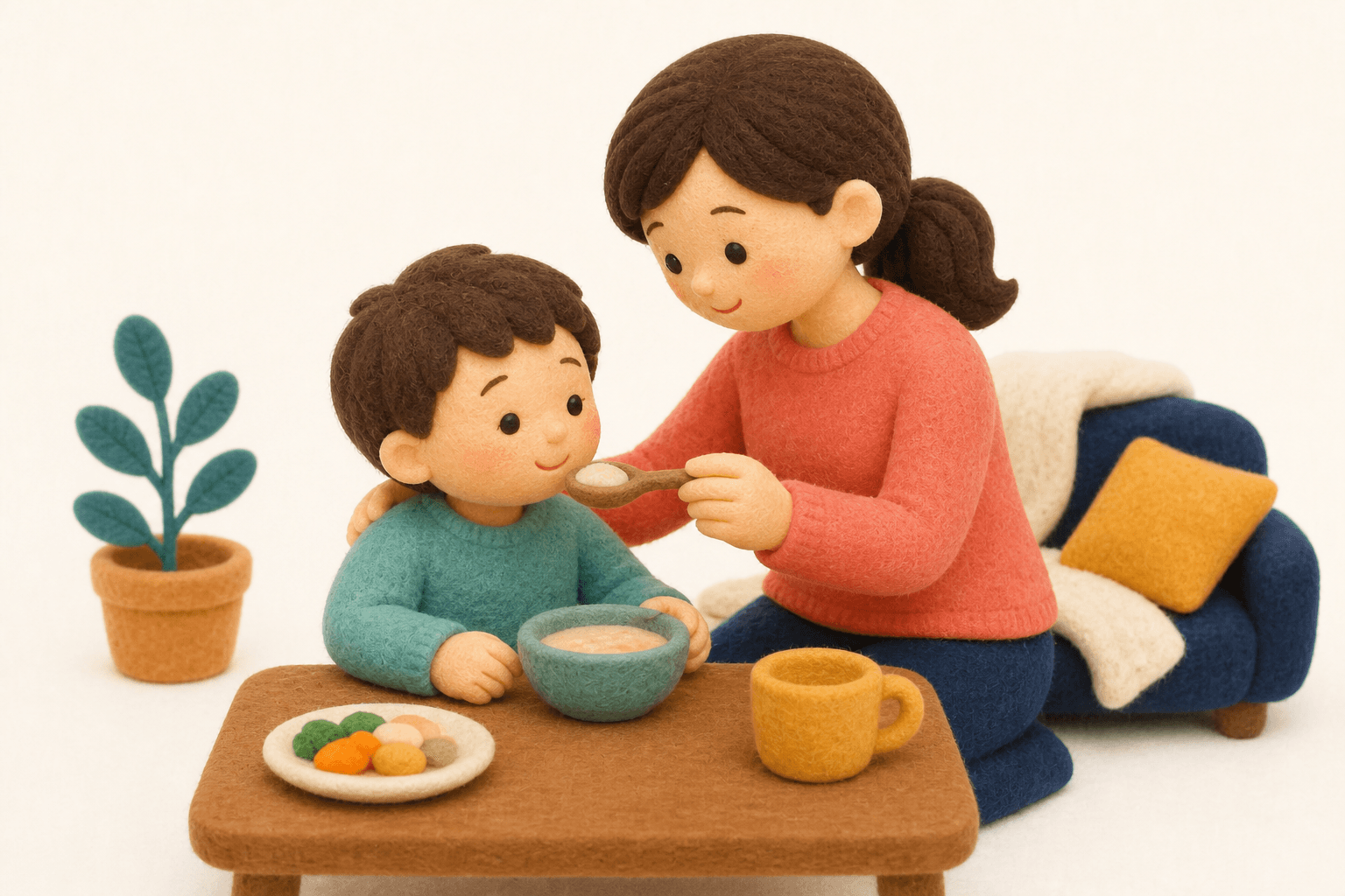 ADHDは年齢によって症状が変わりますか?の場面を示すフェルト人形風イラスト