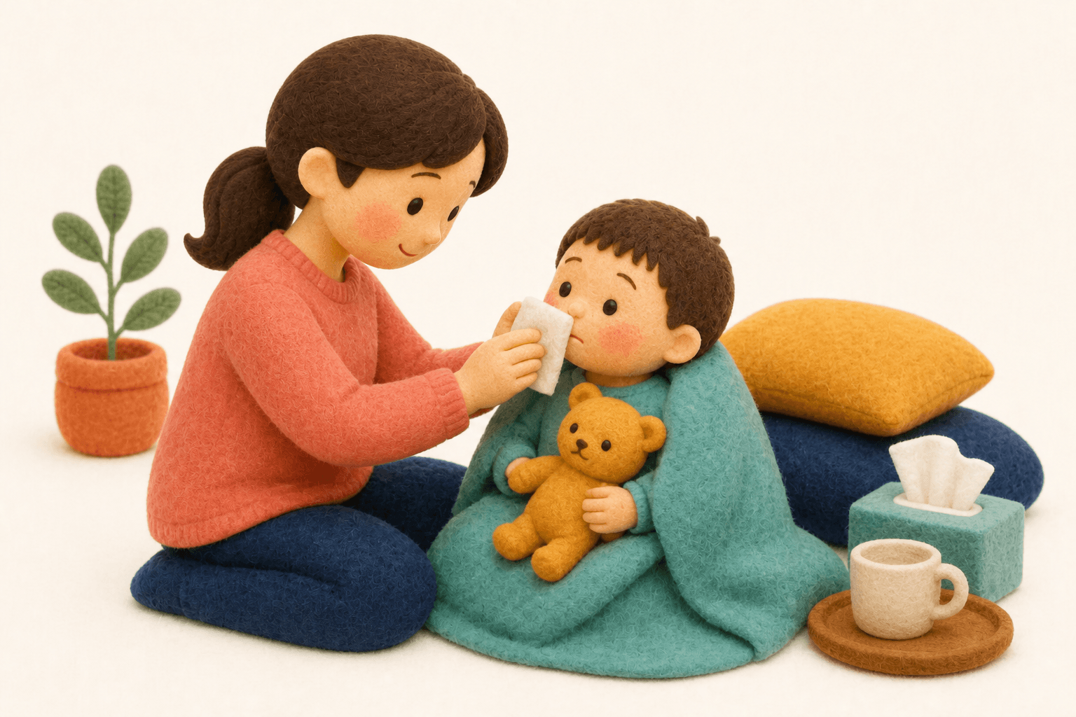 ADHDの原因は何ですか?しつけのせいですか?の場面を示すフェルト人形風イラスト