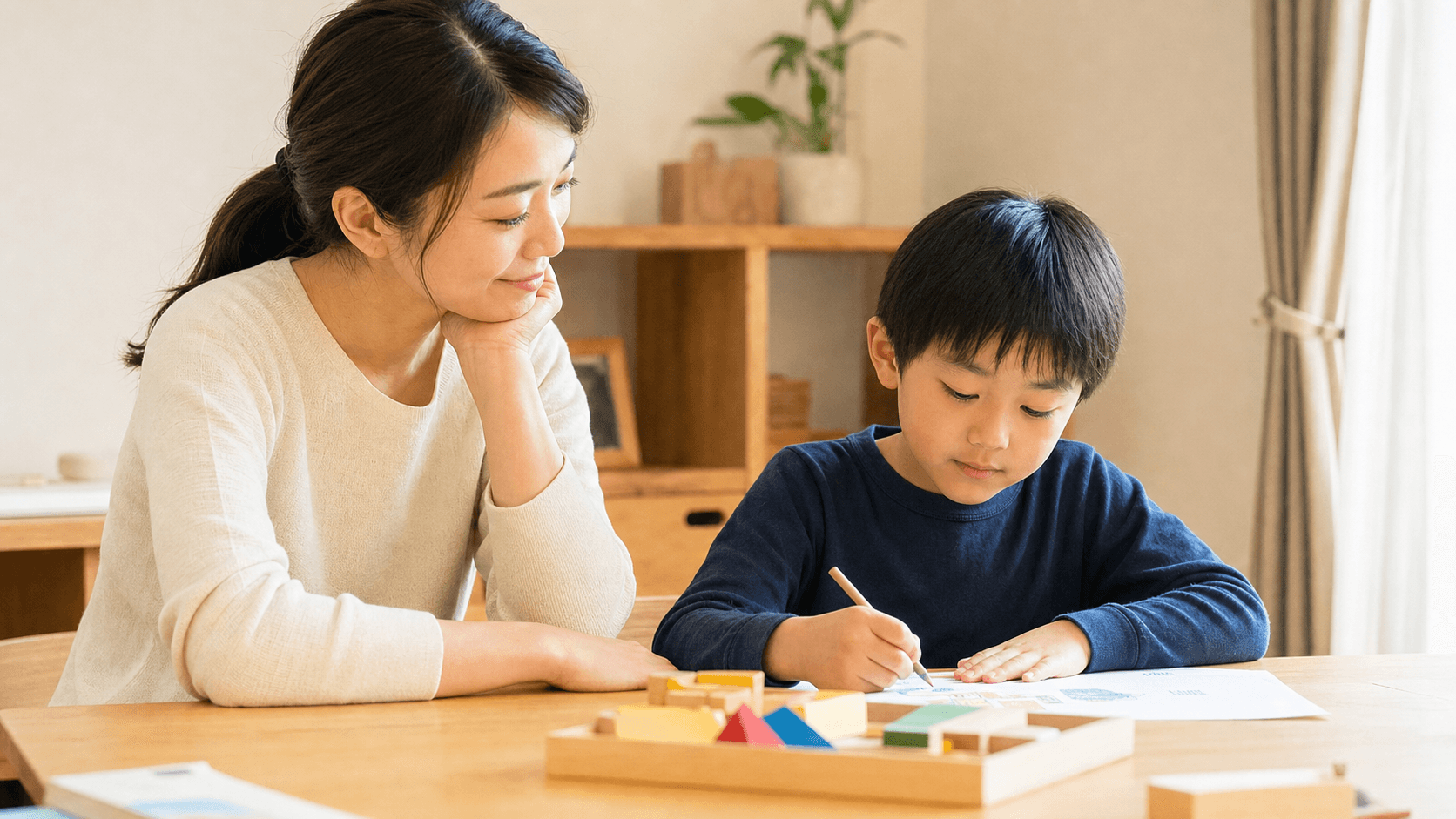 家庭の机で手を動かす子どもを保護者がそばで見守っている場面