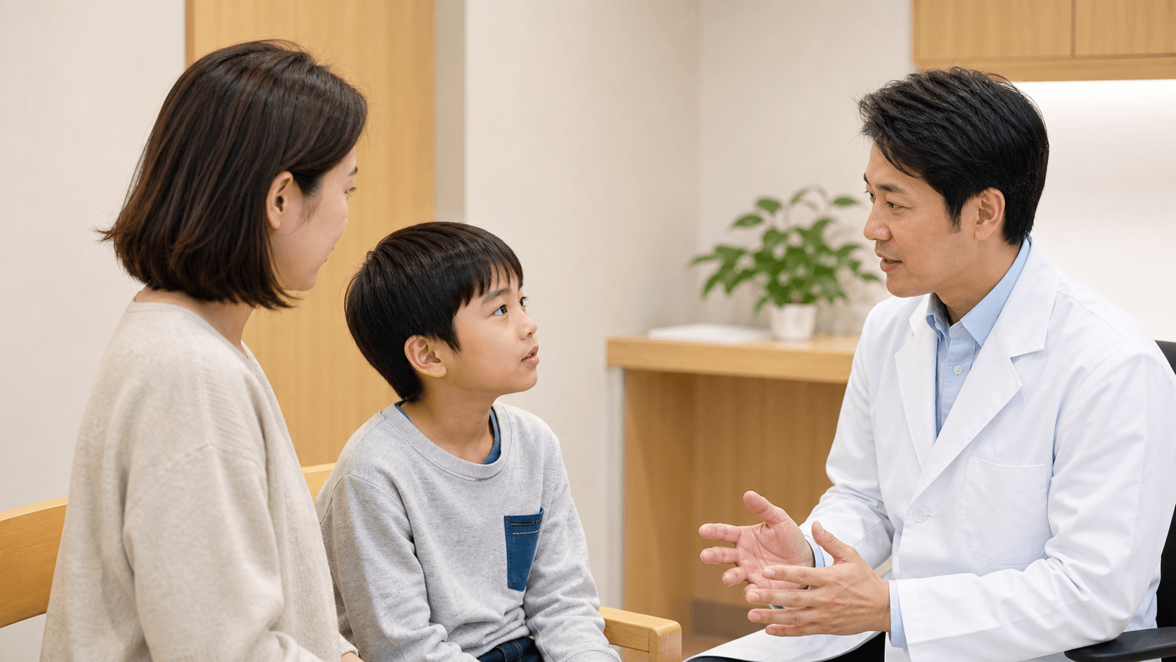 小児科の診察室で保護者と子どもが医師の話を聞いている場面