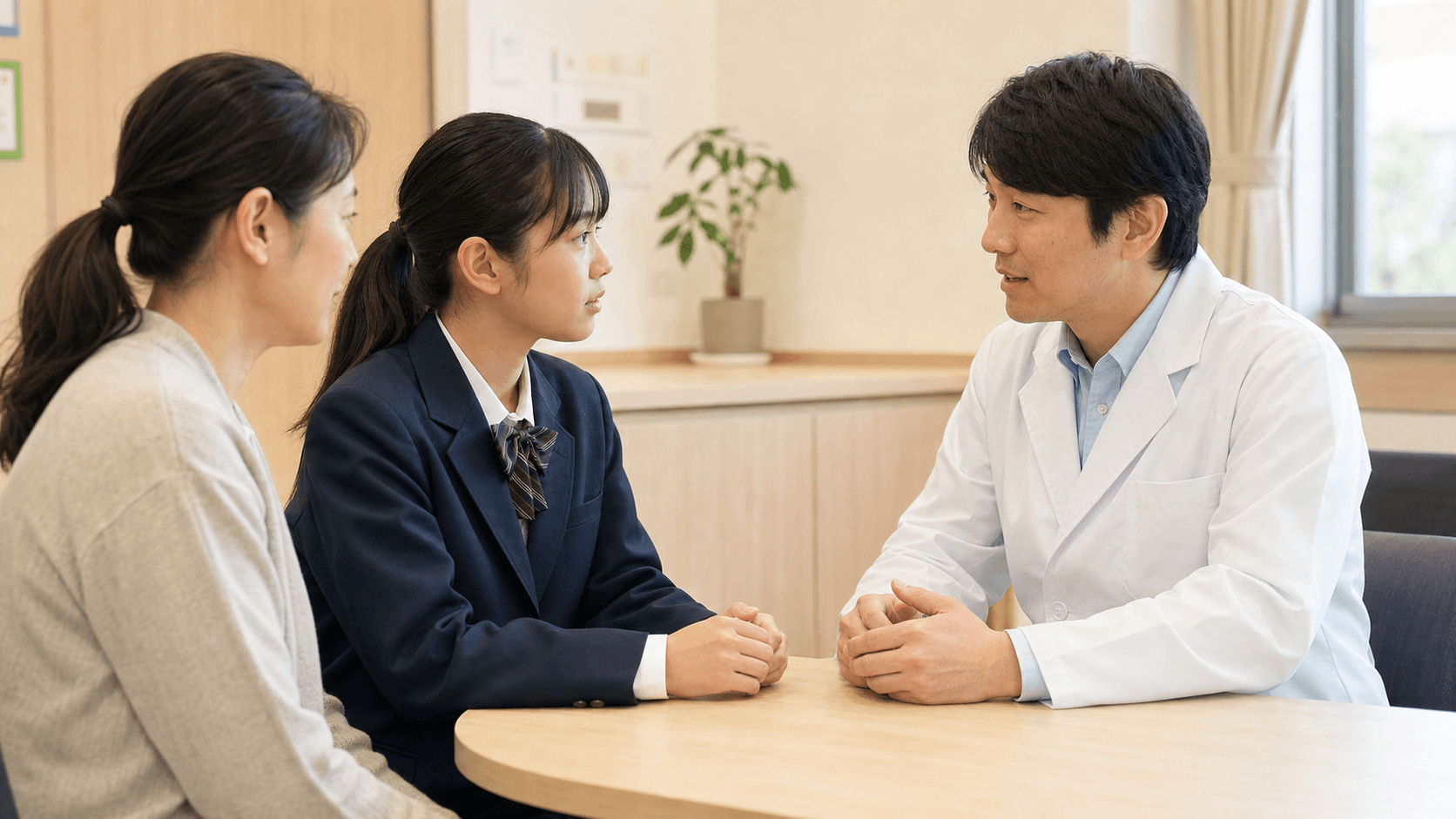 診察室で思春期の子どもと保護者が医師と治療について話している場面