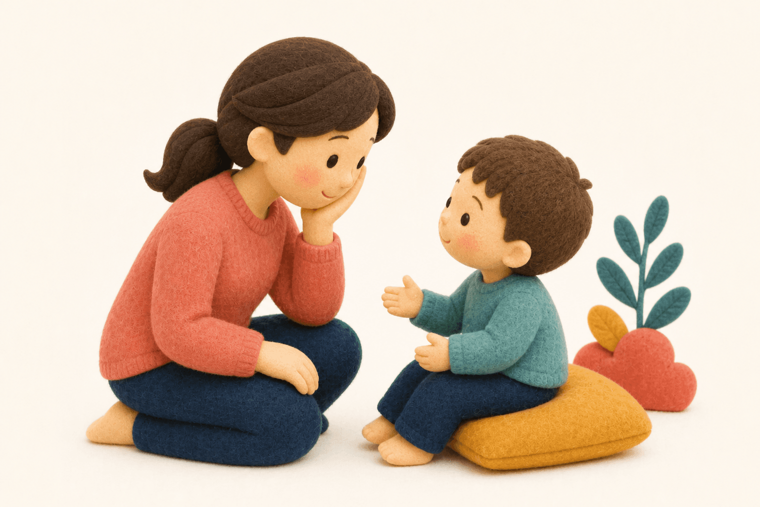 思春期の子どもとどう関わるべきですか?の場面を示すフェルト人形風イラスト