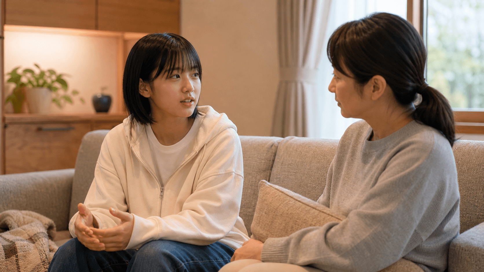 リビングで思春期の子どもの話を保護者が静かに聞いている場面