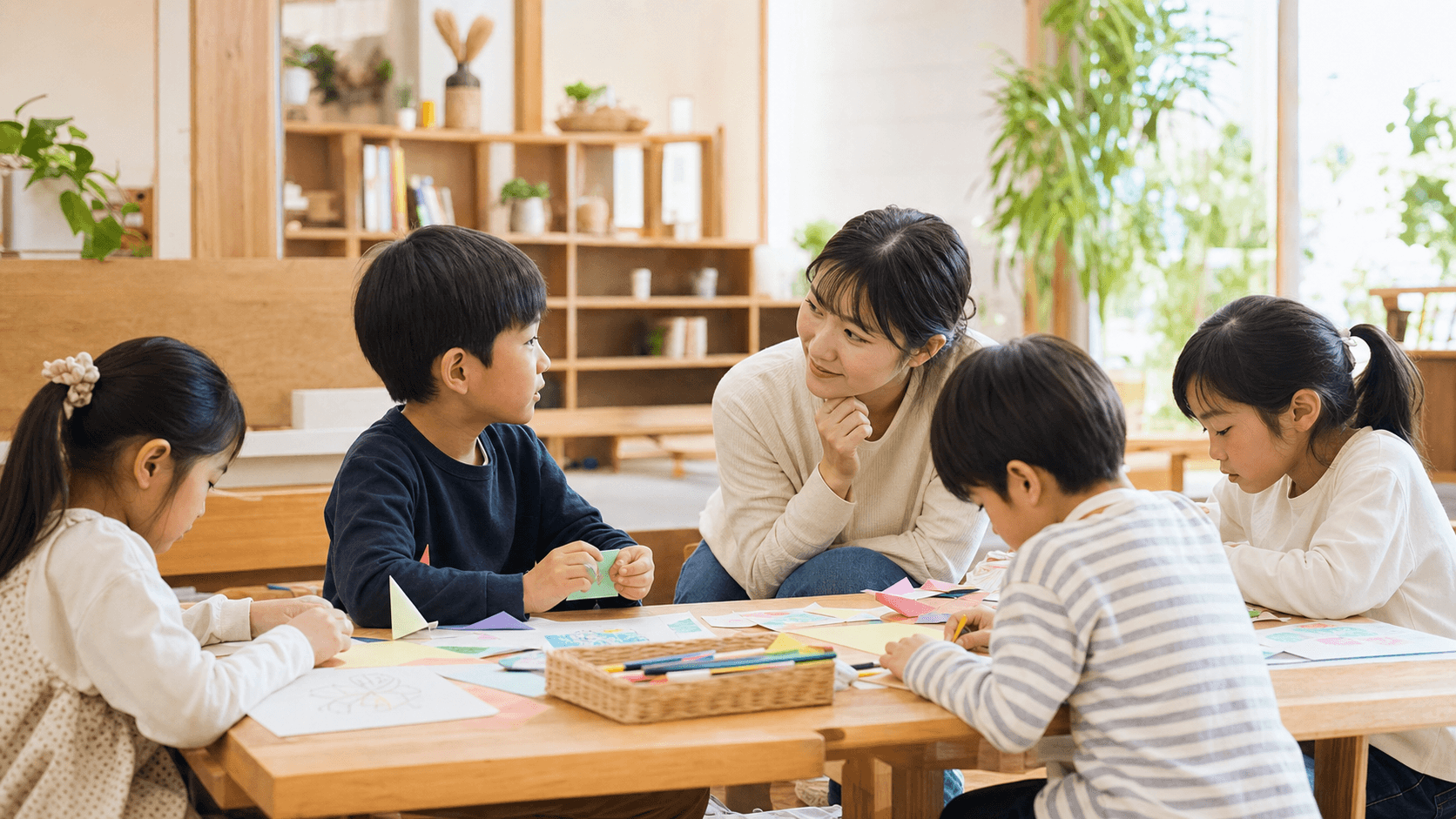 支援員が見守る明るい部屋で子どもたちが工作をしている場面