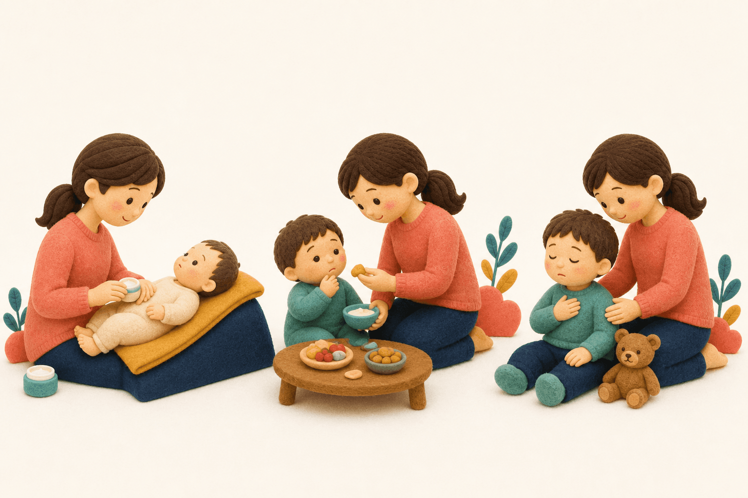 年齢とともにアレルギーの形が移り変わる様子のフェルト人形風イラスト