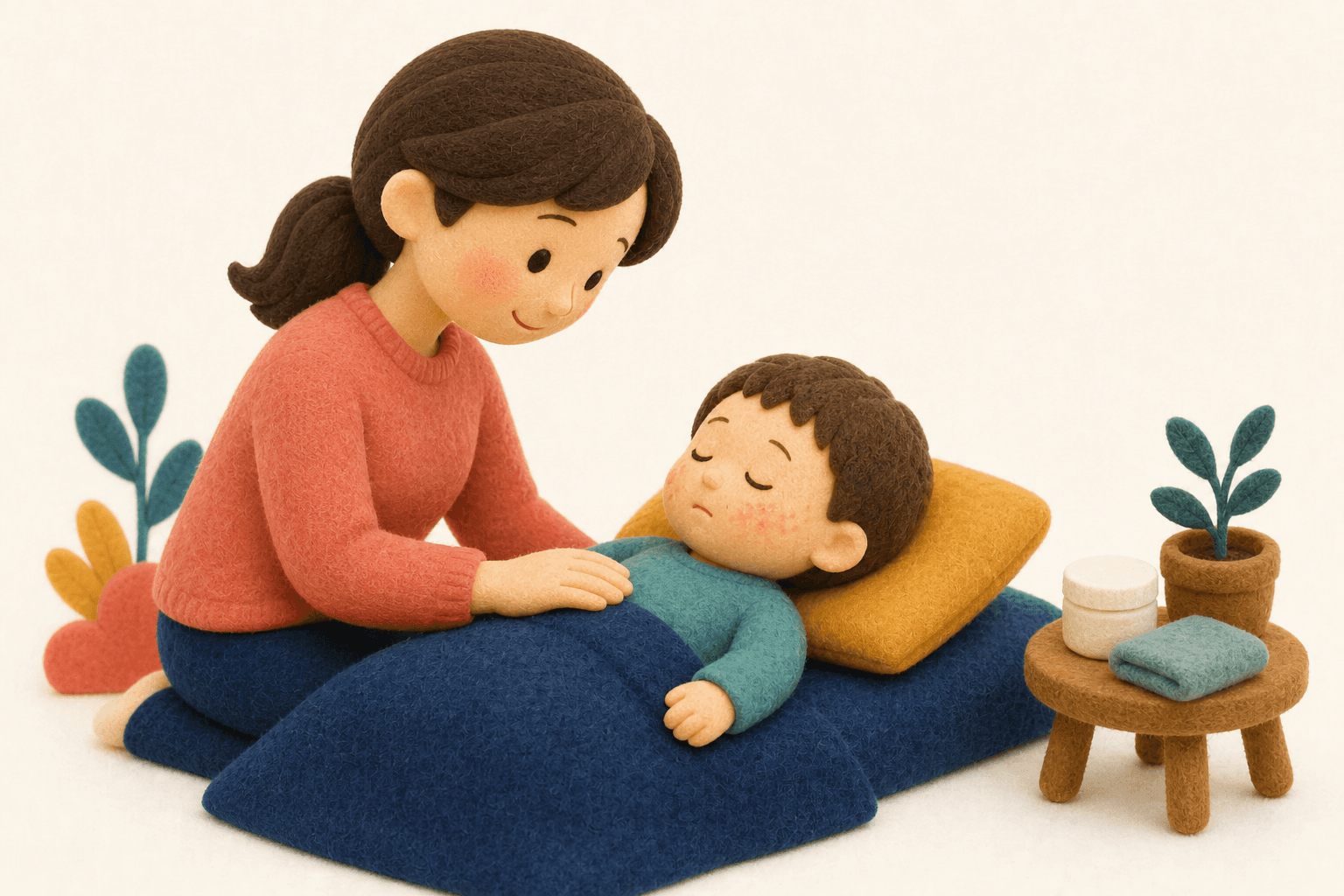 アトピー管理を続け息づかいを見守る保護者のフェルト人形風イラスト