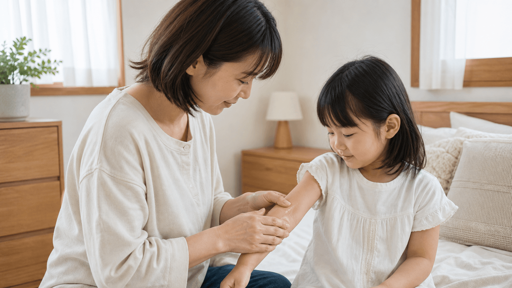 保護者が子どもの腕に保湿剤をやさしく塗っている場面
