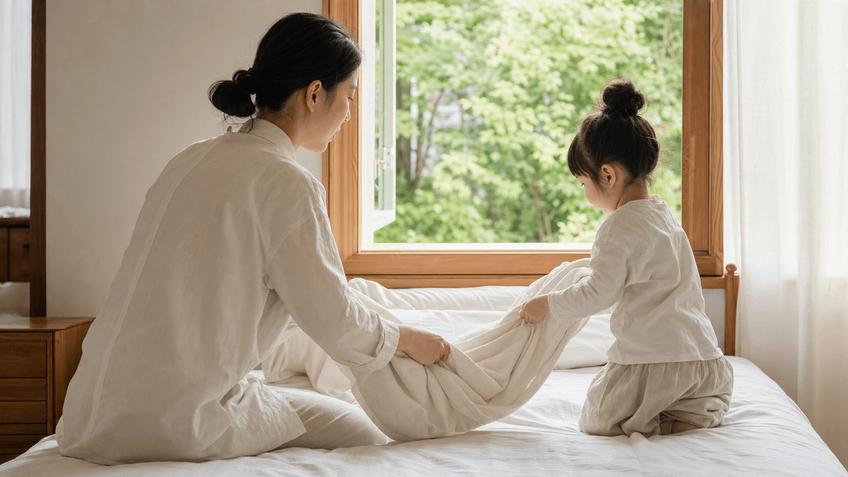 窓を開けた寝室で保護者と子どもが寝具を整えている場面