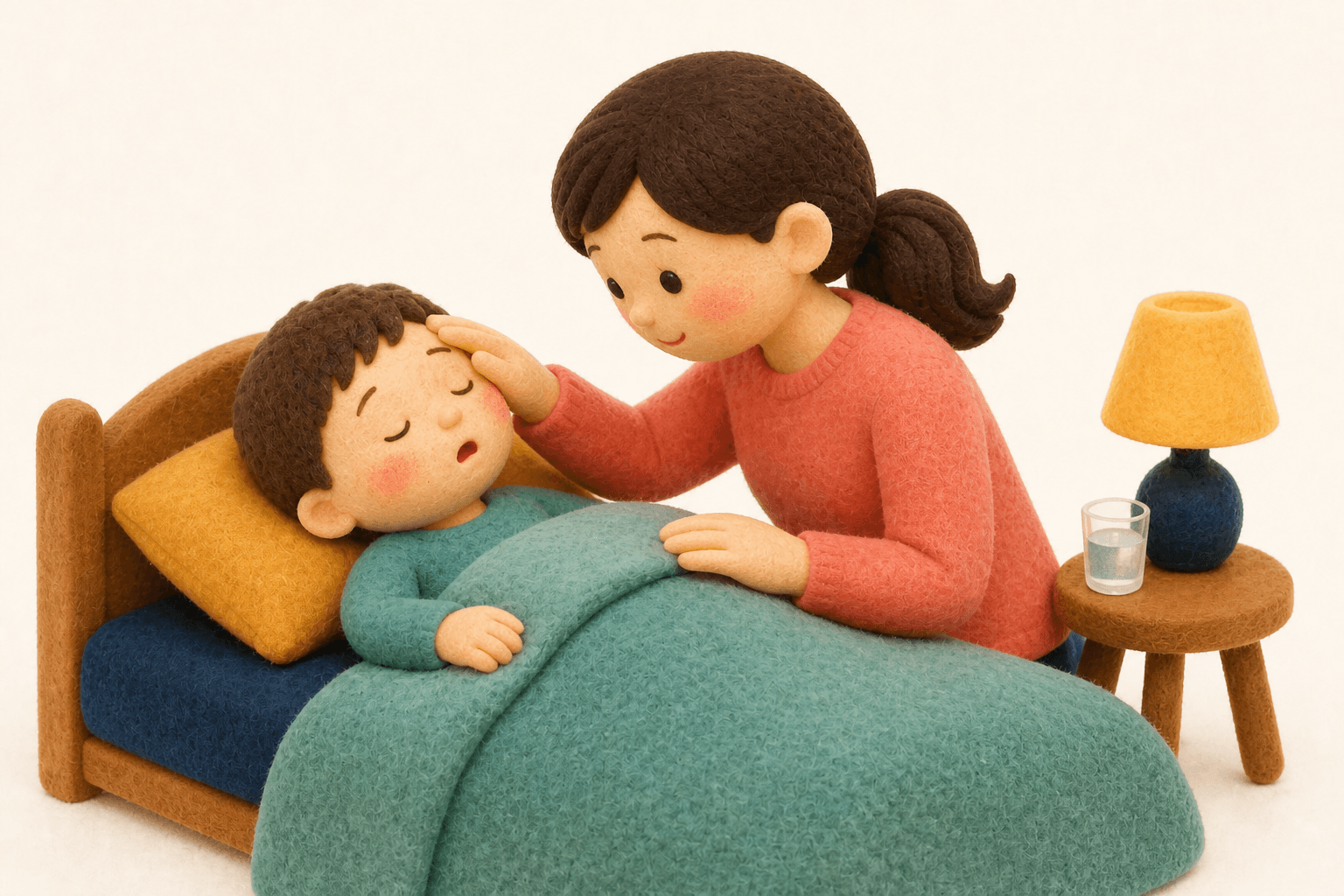 鼻づまりで口呼吸のまま眠る子どもを見守るフェルト人形風イラスト