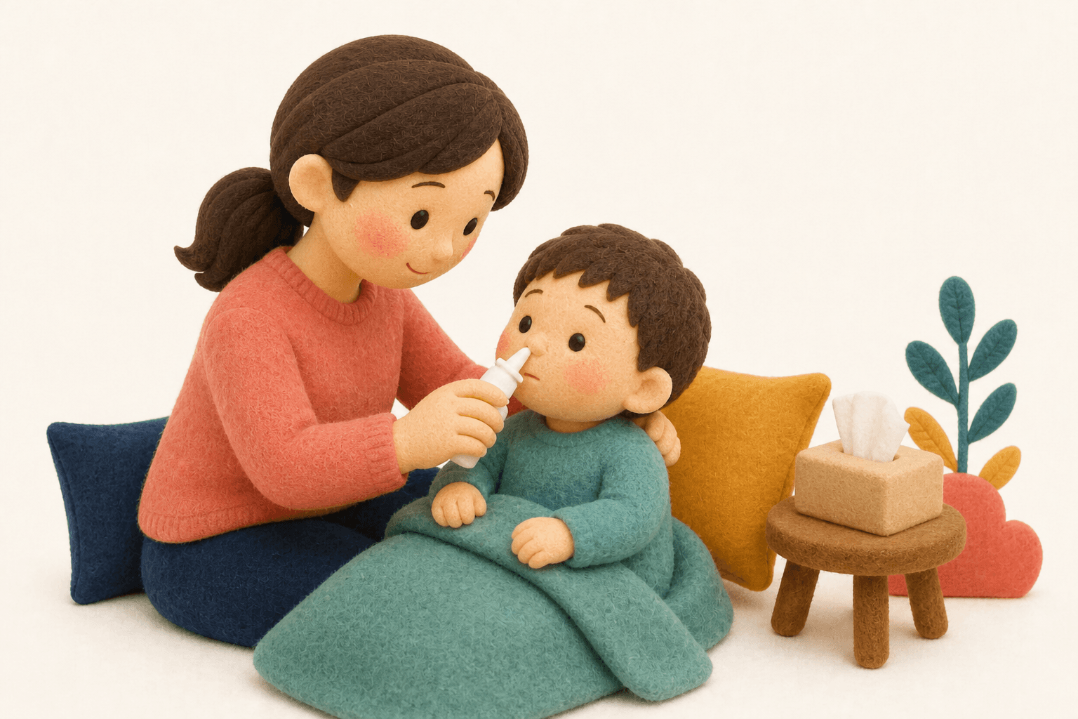鼻噴霧薬を使う子どもを介助する保護者のフェルト人形風イラスト