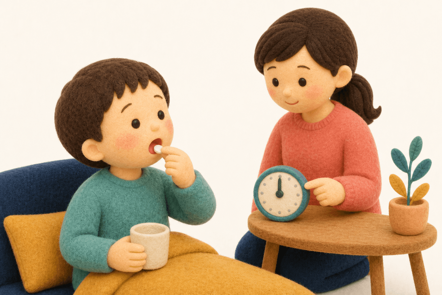 舌下に薬を置いて1分待つ子どものフェルト人形風イラスト
