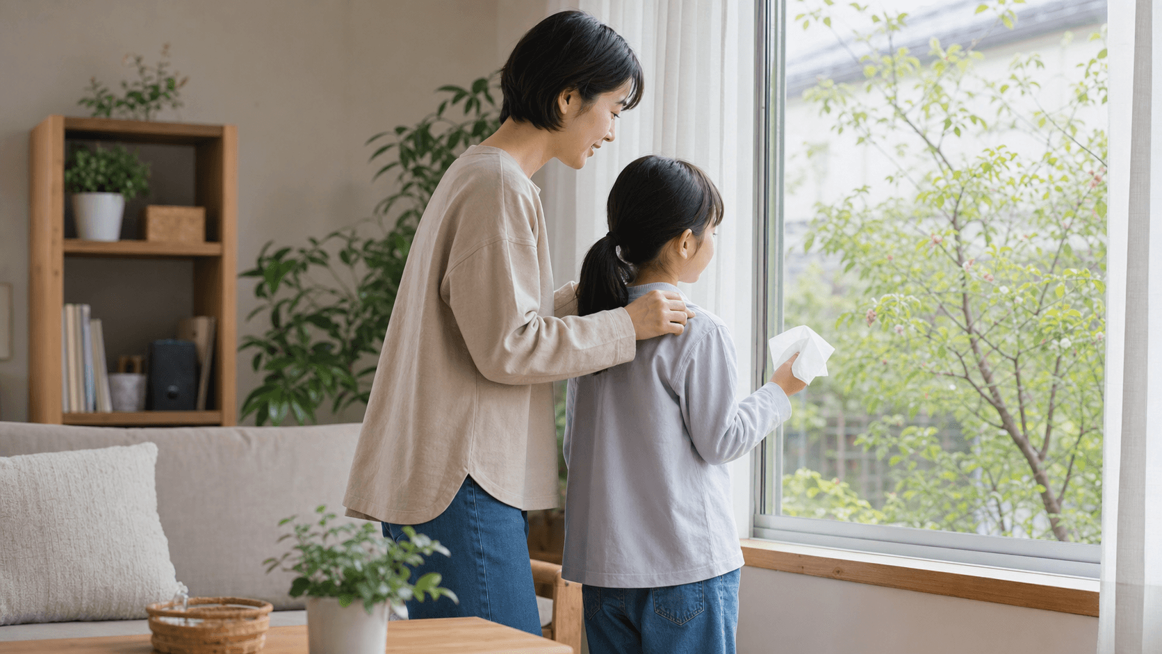 窓辺でティッシュを持つ子どもに保護者が寄り添っている場面