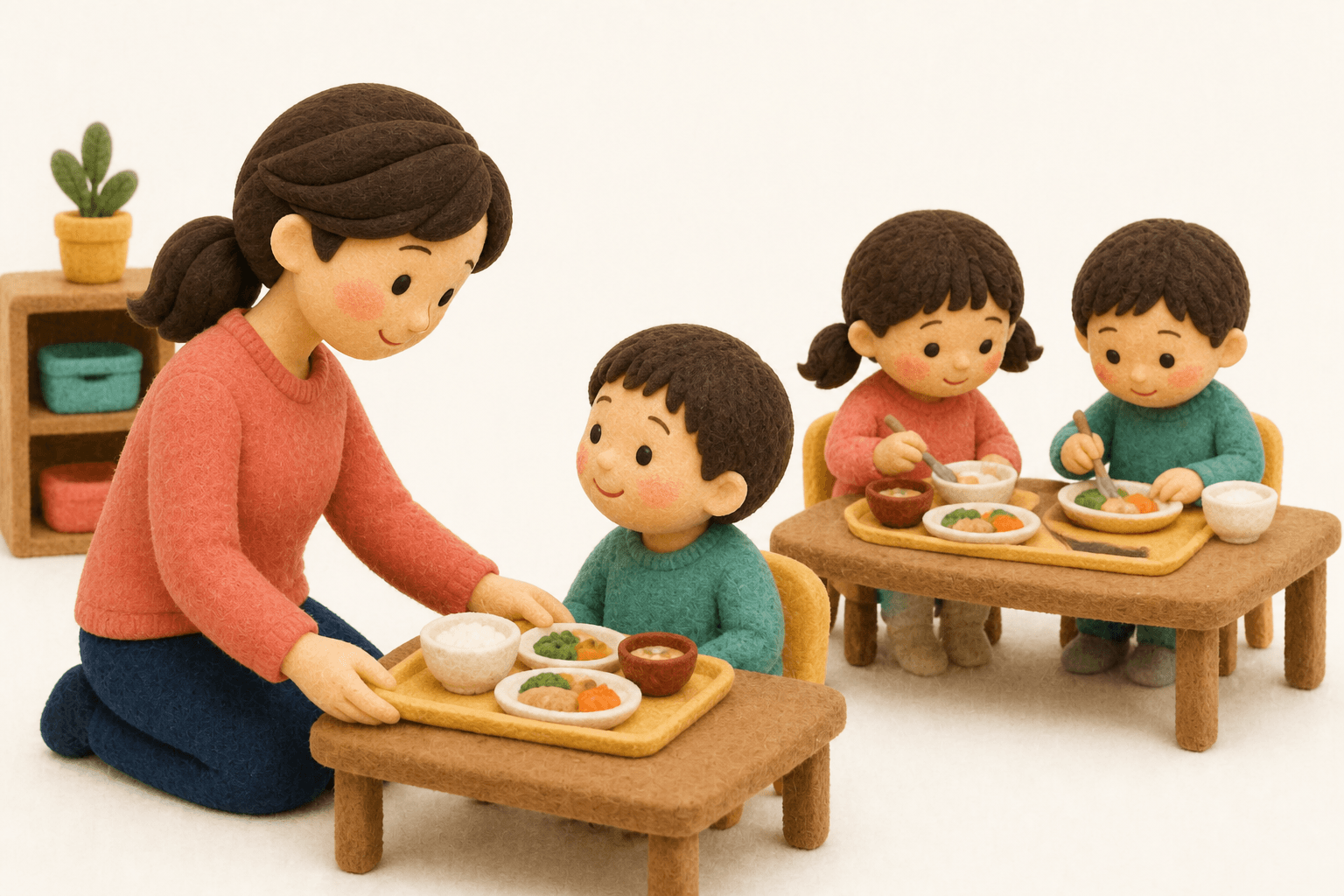 園で除去食トレイを確認して配膳する場面のフェルト人形風イラスト