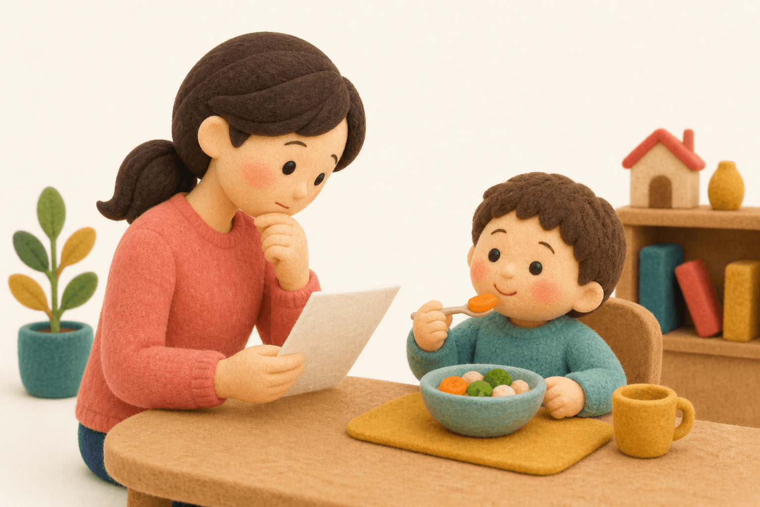 検査結果と実際に食べられる範囲を考える親子のフェルト人形風イラスト