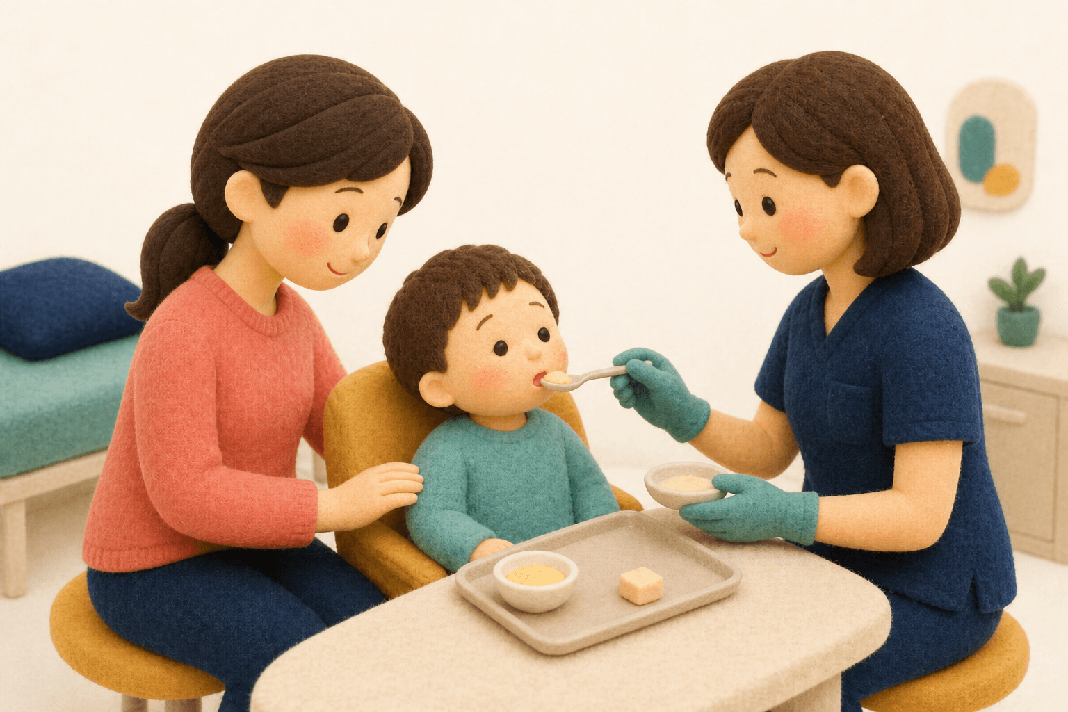 少量ずつ食べて確認する食物経口負荷試験のフェルト人形風イラスト