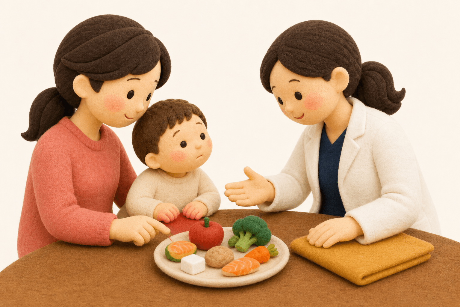 食べられる範囲を主治医と確認するフェルト人形風イラスト