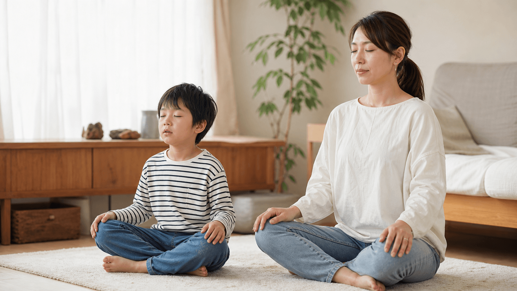 親子が床に座り目を閉じてゆっくり呼吸している場面
