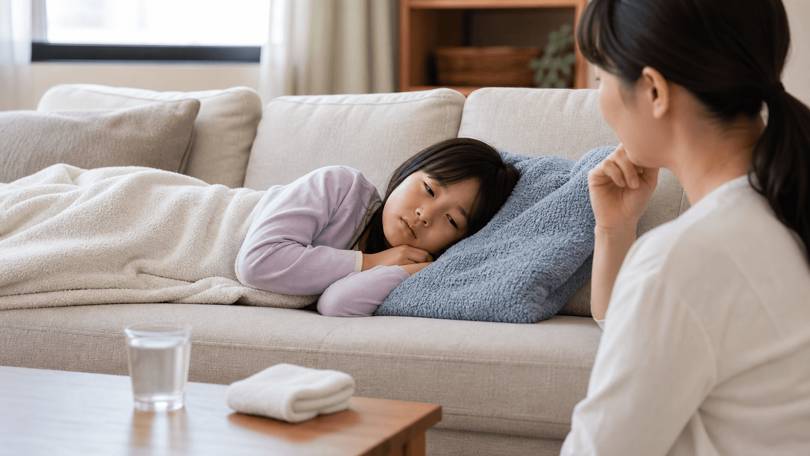 ソファで休む子どもを保護者がそばで見守っている場面