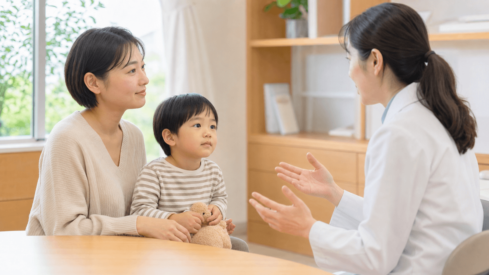 診察室で医師が保護者と子どもに治療方針を説明している場面