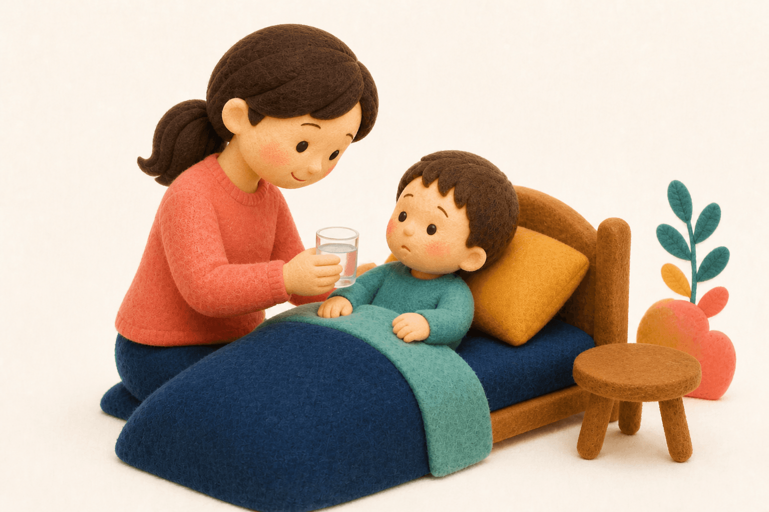 布団で休み、水分をとる風邪の子どものフェルト人形風イラスト