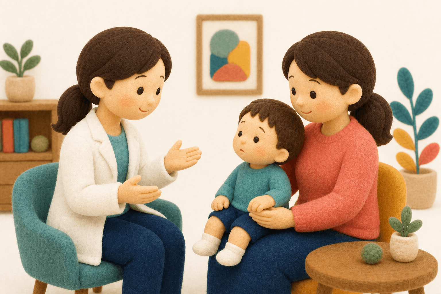 診察室で必要な薬について説明を受ける親子のフェルト人形風イラスト