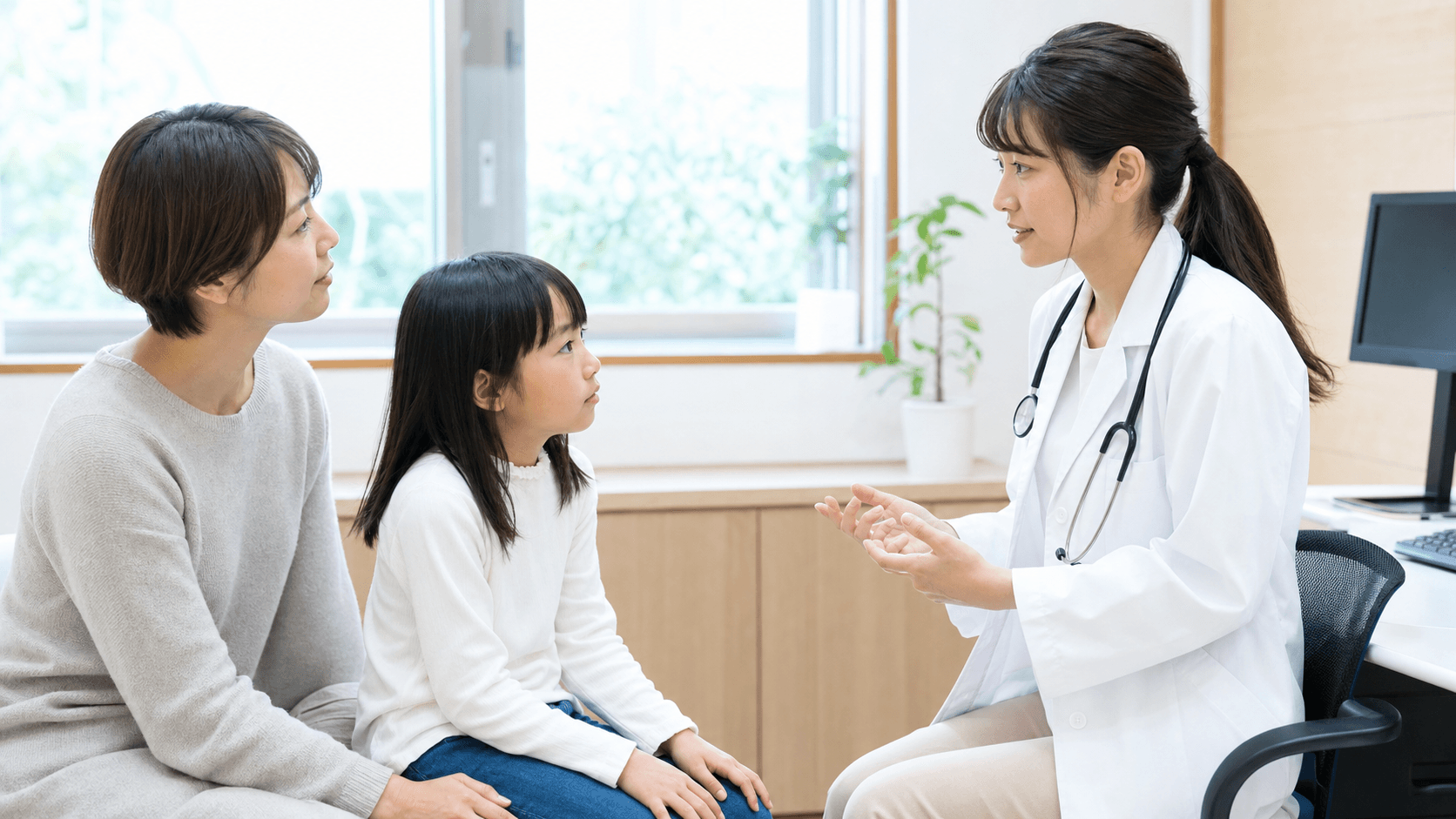 小児科医が保護者と子どもにアレルギー治療について説明している場面