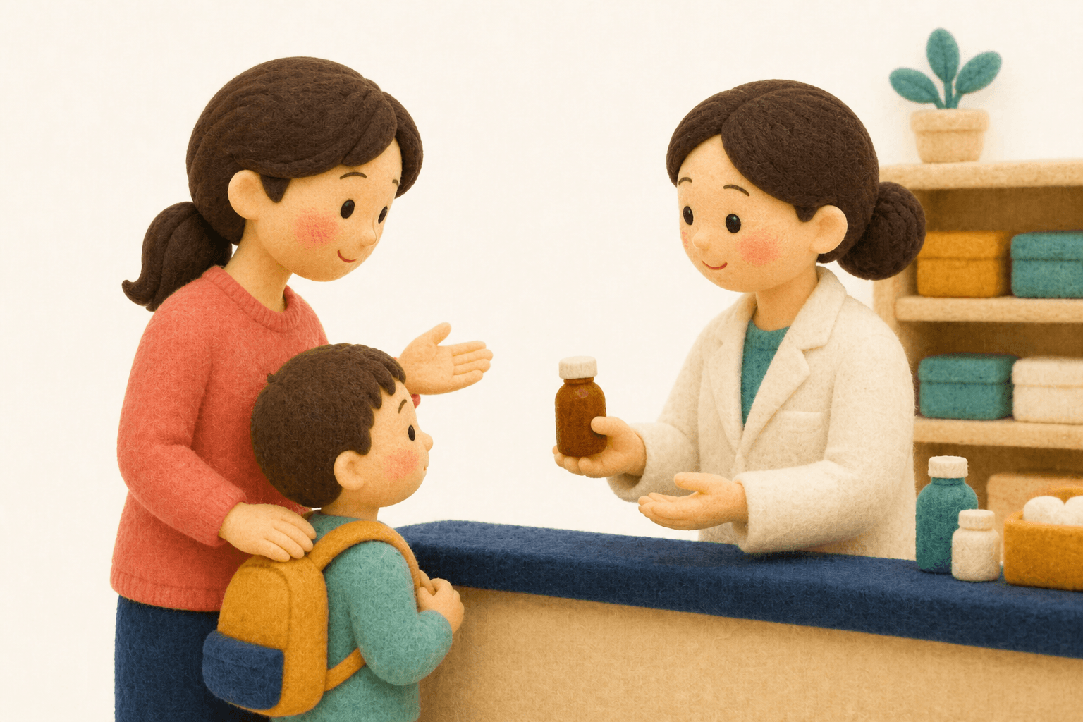 第二世代の処方を相談する保護者のフェルト人形風イラスト