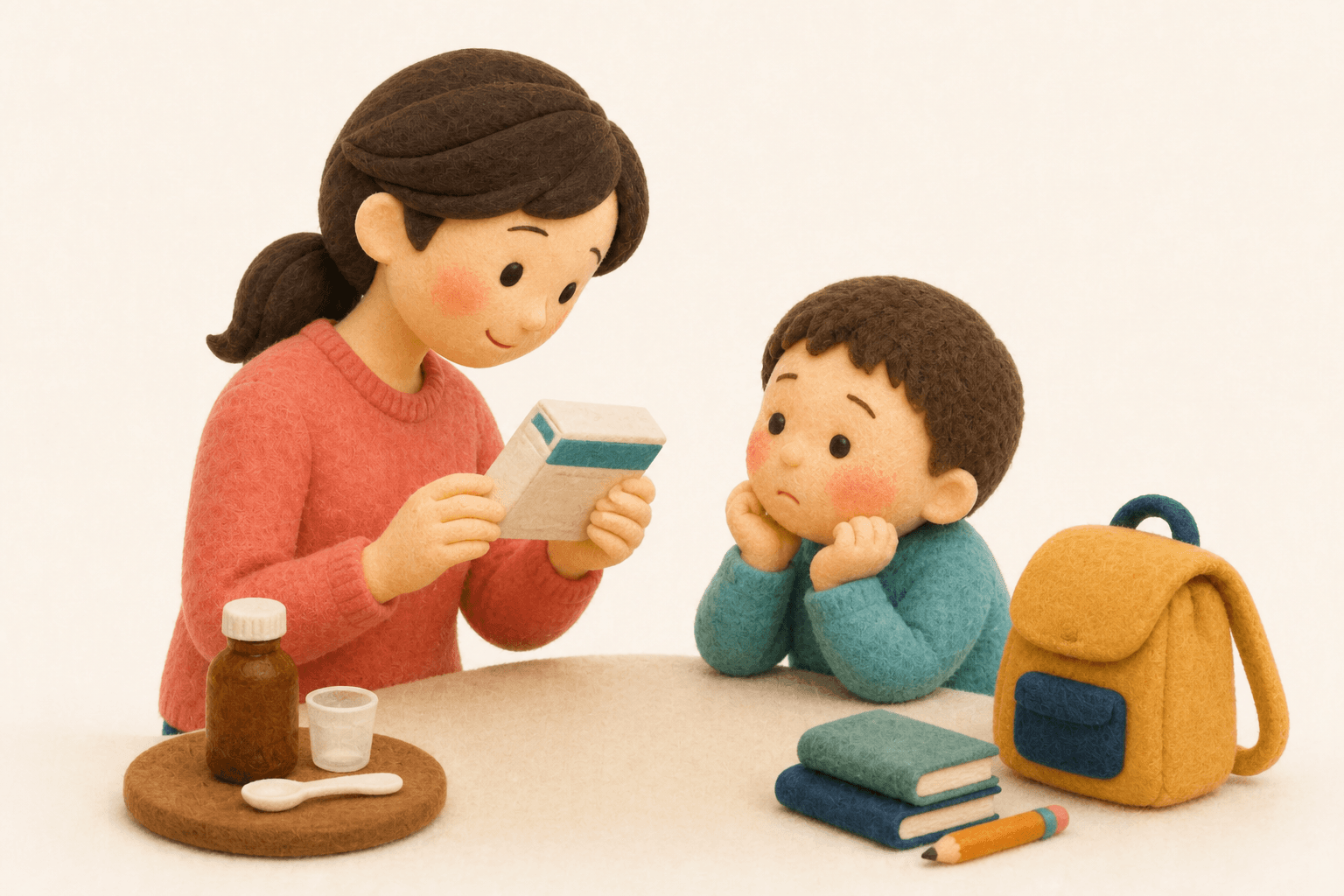 テスト前に市販風邪薬の成分を確認する保護者のフェルト人形風イラスト