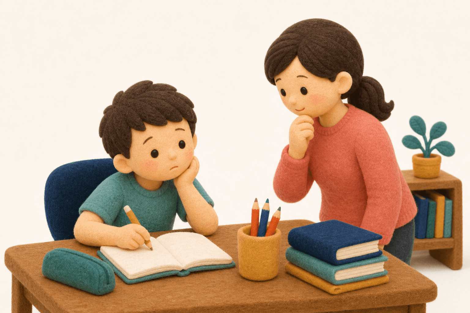 眠そうには見えないのに学習に集中できない子どものフェルト人形風イラスト