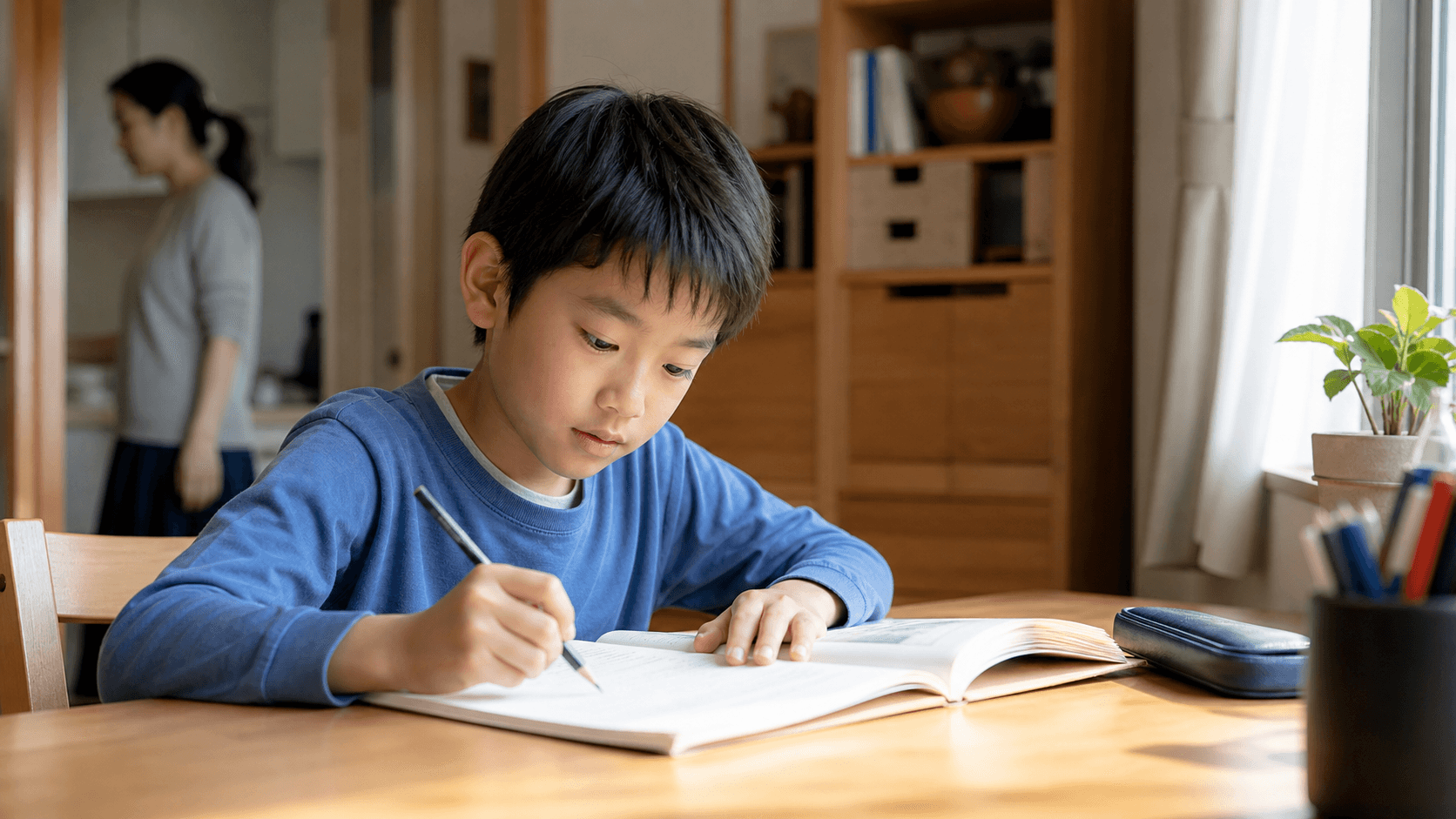 窓辺の机で子どもが落ち着いて学習している場面