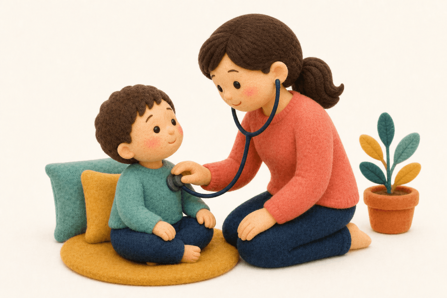治療はどのように行いますか?の場面を示すフェルト人形風イラスト