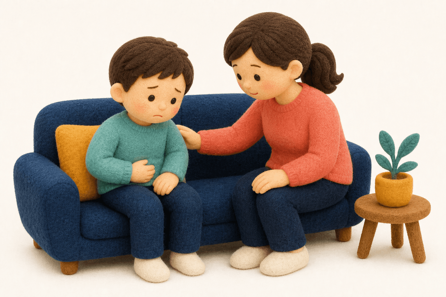 右下腹部を押さえる学童と寄り添う保護者のフェルト人形風イラスト