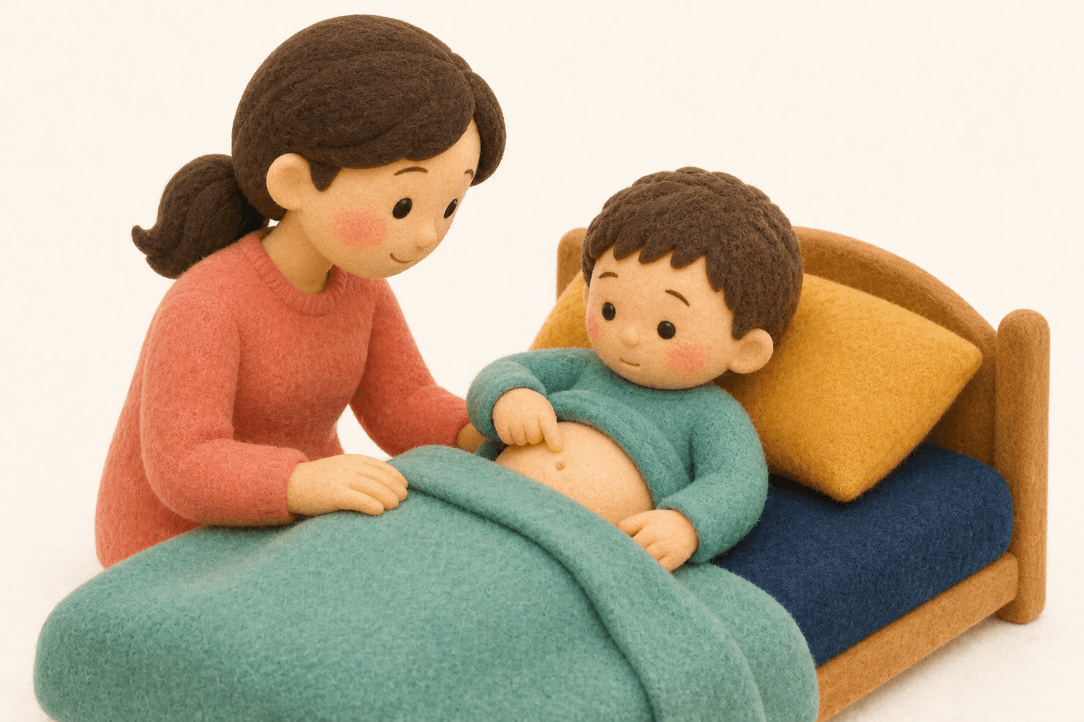 おへそ周りから右下へ痛みが移る様子を確認する親子のフェルト人形風イラスト