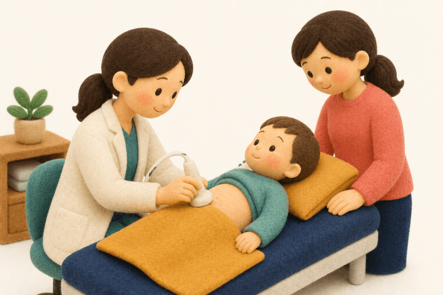 腹部エコー検査を受ける子どもと手を握る保護者のフェルト人形風イラスト