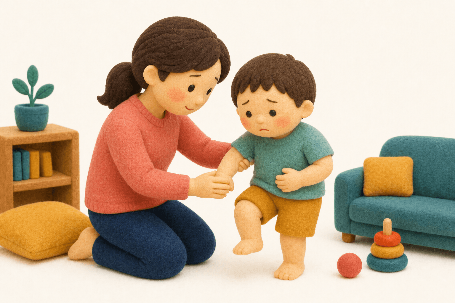 歩くと響く腹痛で受診準備をする親子のフェルト人形風イラスト