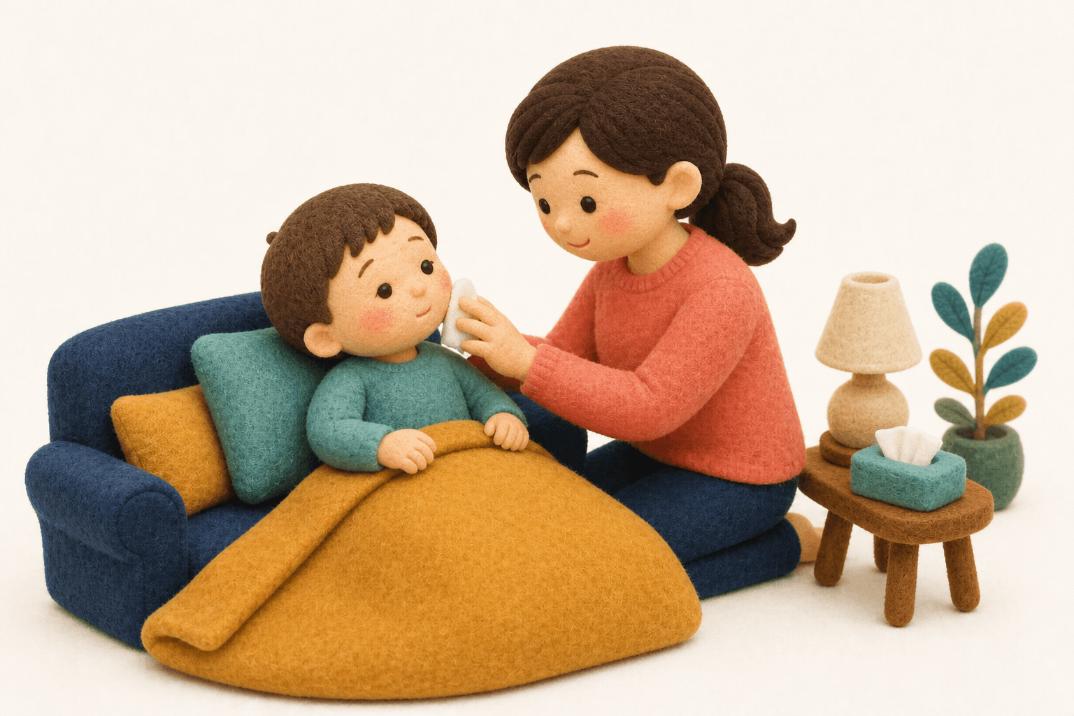 ASDの症状はどんなものがありますかの場面を示すフェルト人形風イラスト
