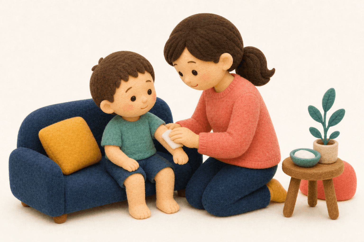 絵カード(PECS)とはどんなものですか?の場面を示すフェルト人形風イラスト