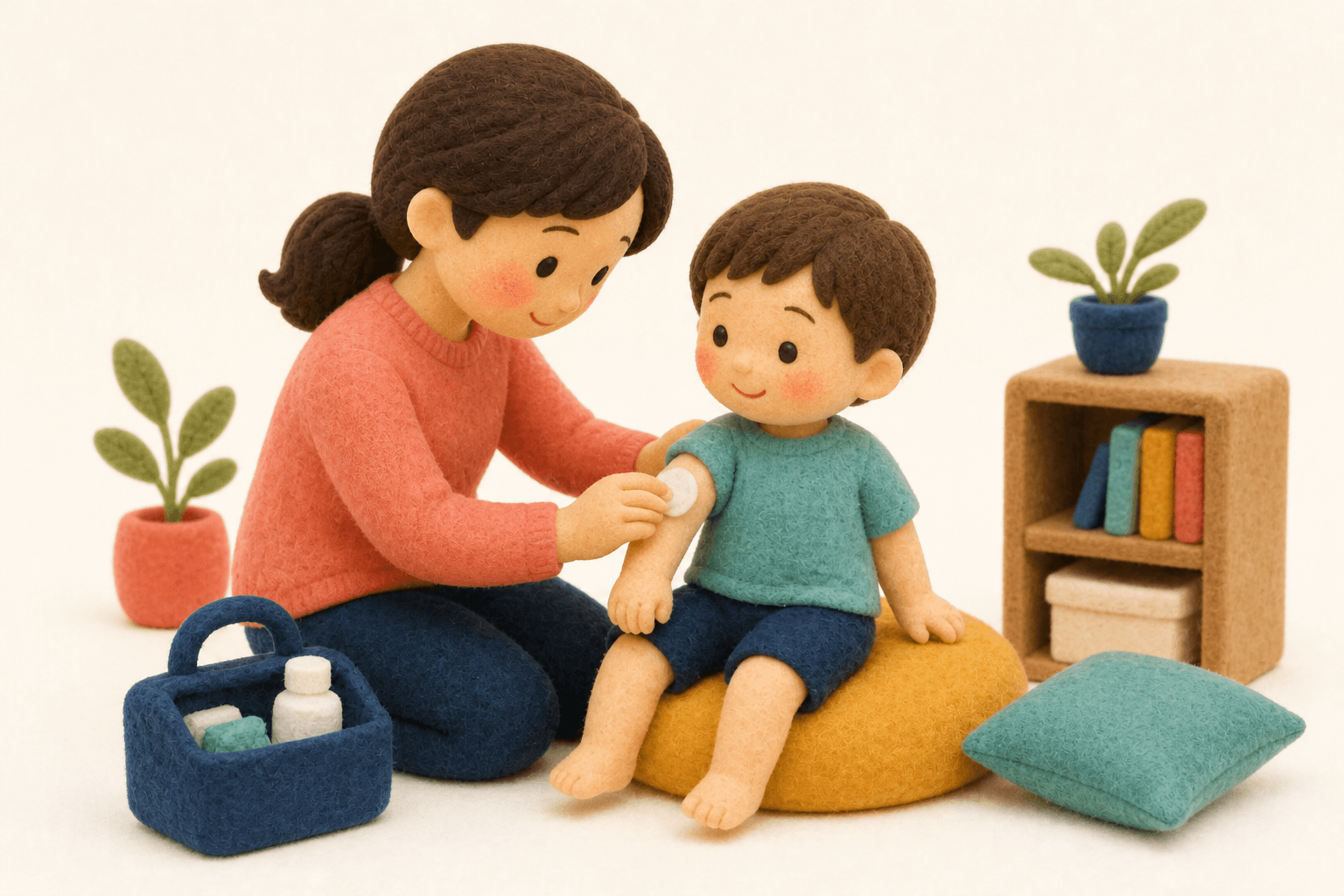 家庭でできる視覚支援にはどんなものがありますか?の場面を示すフェルト人形風イラスト
