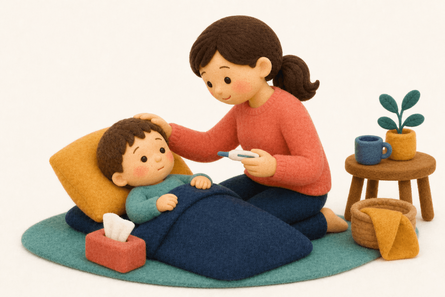 言葉が出ない子にはどのような支援がありますか?の場面を示すフェルト人形風イラスト