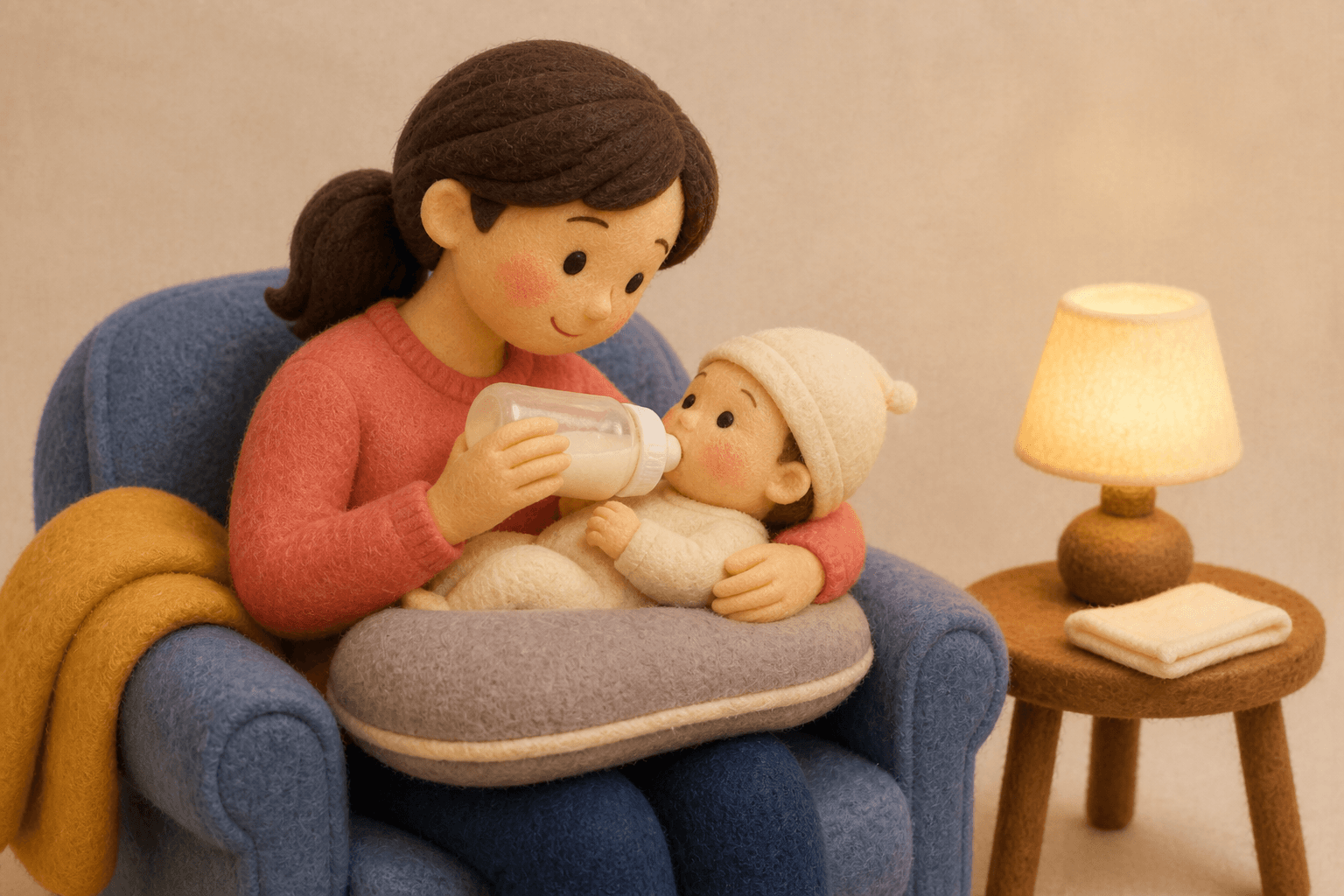 早産の赤ちゃんにペースを合わせて授乳する保護者のフェルト人形風イラスト