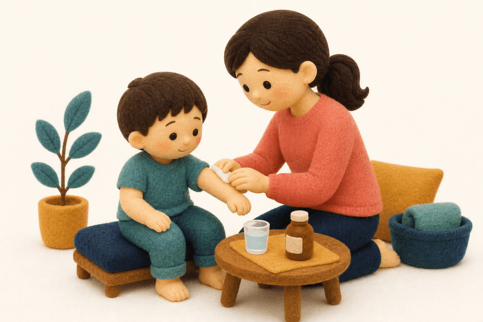 赤ちゃんの歯ぎしりは大丈夫ですか?の場面を示すフェルト人形風イラスト